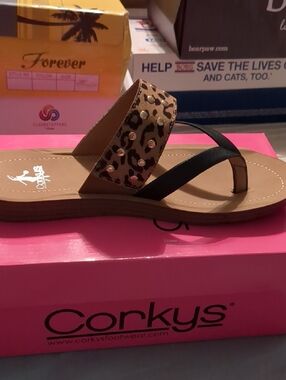 Corkys Leopard and Black Studded Thong Sandal